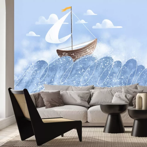 Fotobehang Een dynamische zeilboottocht op ruwe golven