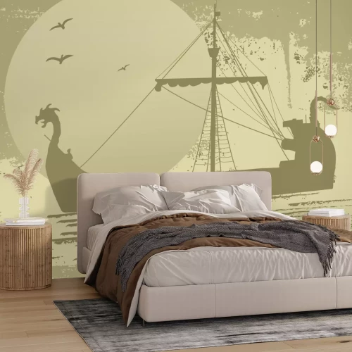 Fotobehang Een mysterieus piratenzeilschip tegen de achtergrond van een volle maan