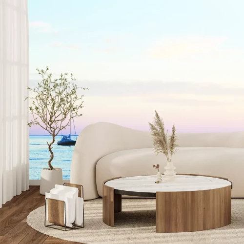 Fotobehang Een zeilboot op een kalme zee bij zonsondergang