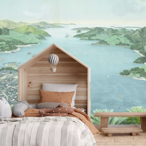 Fotobehang Panorama van de badplaats met groene heuvels