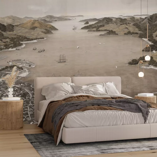 Fotobehang Zeepanorama van de stad met een bergachtige achtergrond