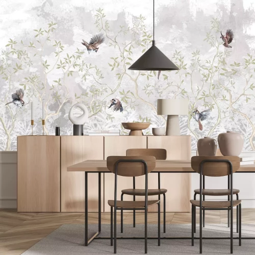 Fotobehang Vögel auf Baumzweigen, Betonhintergrund