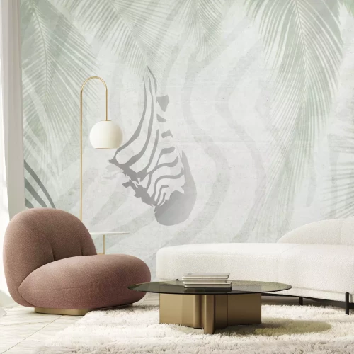 Fotobehang Dierenprint zebra en palmbladeren