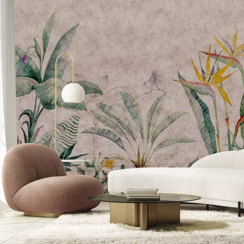 Fotobehang Botanisch patroon van tropische planten en vogels op een betonnen achtergrond