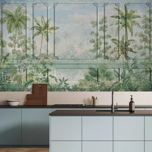 Fotobehang Tropisch landschap van palmbomen tegen een stucwerkachtergrond