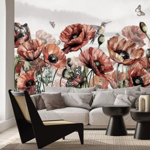 Fotobehang Rode klaprozen, kolibries en vlinders