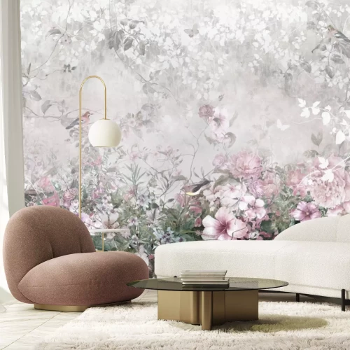 Fotobehang Pastelkleurige bloemen, vogels en vlinders