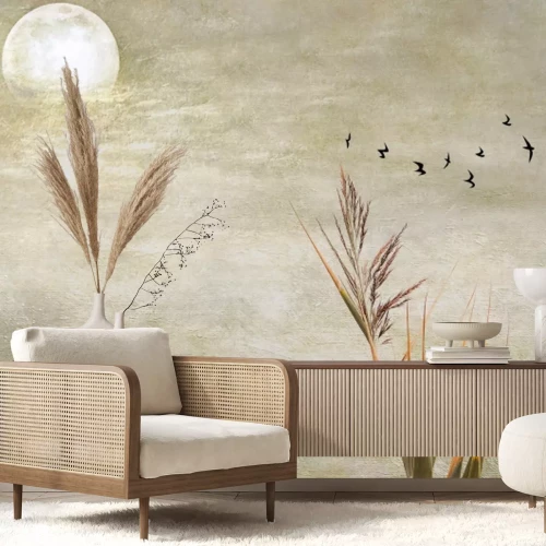 Fotobehang Volle maan, vogels en gras tegen de betonnen achtergrond