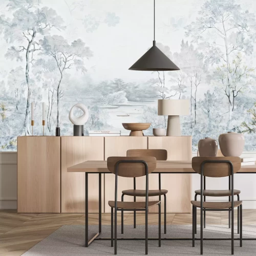 Fotobehang Landschap met bomen en een rivier, natuur in blauwe kleuren