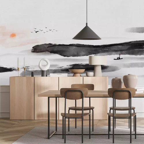 Fotobehang Chinees landschap, zee, vogels, zonsondergang