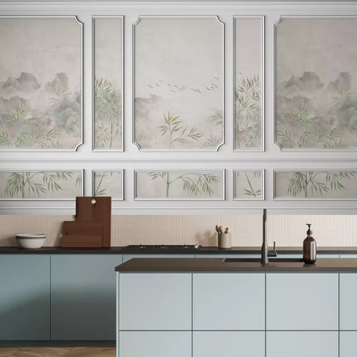 Fotobehang Landschap met groene planten in stucwerk