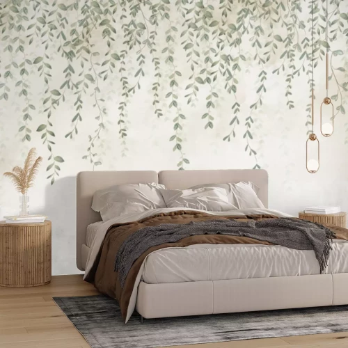 Fotobehang Groene bladeren takken hangend boven vintage stijl