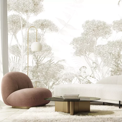 Fotobehang Beige boslandschap in schetsstijl