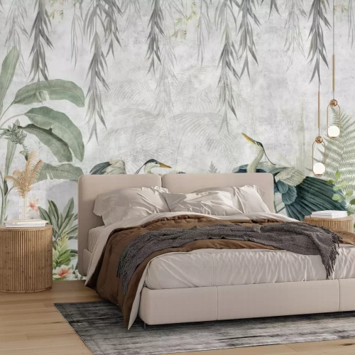 Fotobehang Tropische jungleplanten en reigers