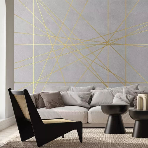 Fotobehang Gouden lijnen op imitatiebeton - een moderne compositie