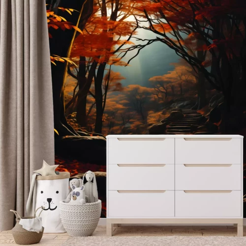 Fotobehang Een bospad met trappen in herfstkleuren