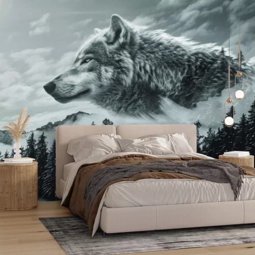 Fotobehang Een naaldbos met het spook van een wolf tussen de wolken