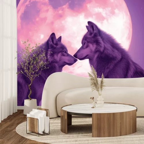 Fotobehang Een magisch landschap van wolven onder de volle maan