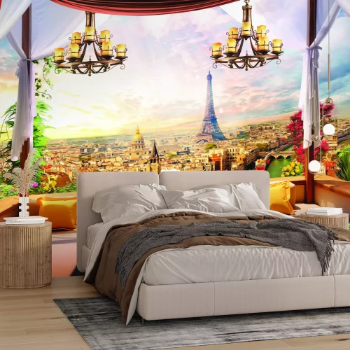 Fotobehang Zonsondergang boven Parijs gezien vanaf het balkon