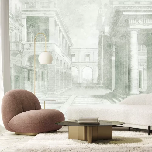 Fotobehang Mysterieuze ruïnes van een oude stad gehuld in mist