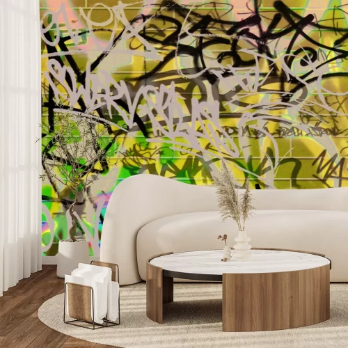 Fotobehang Creatieve graffiti met paarse bakstenen achtergrond