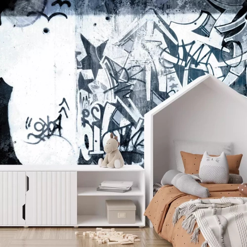 Fotobehang Graffiti in tinten zwart en wit op grijs beton