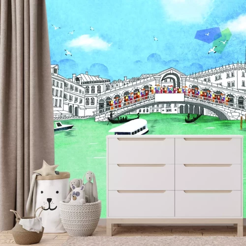 Fotobehang Illustratie van de Rialtobrug met drijvende gondels