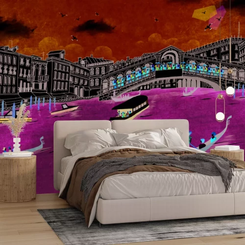 Fotobehang Illustratie van de Rialtobrug met drijvende gondels