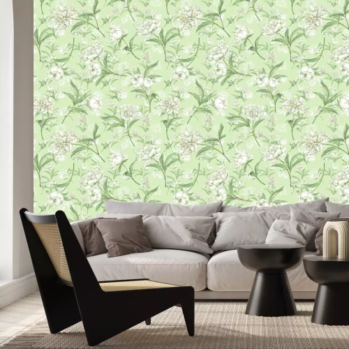 Fotobehang Subtiele witte pioenrozen op een groene achtergrond