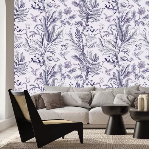 Fotobehang Een wilde tuin met weelderige vegetatie en bloemenaccenten