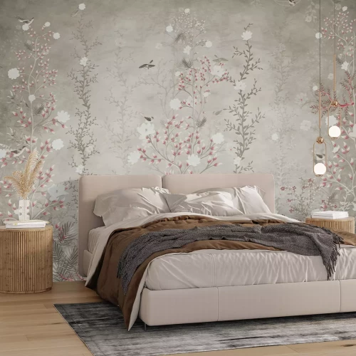 Fotobehang Een weelderige weide vol planten en vogelbewoners