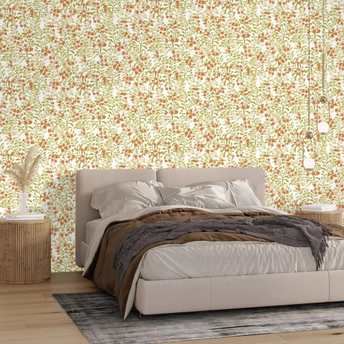 Fotobehang Rode bloemen in het bladerrijke struikgewas