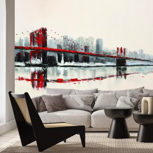 Fotobehang Met de hand geschilderde rode brug tegen een stadsachtergrond