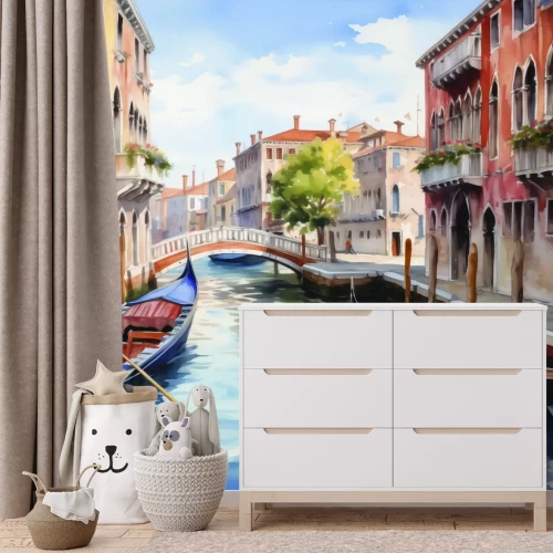 Fotobehang Een Venetiaans tafereel met gondels tegen de achtergrond van historische gebouwen