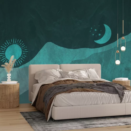 Fotobehang Aquarel woestijnlandschap met zon en maan