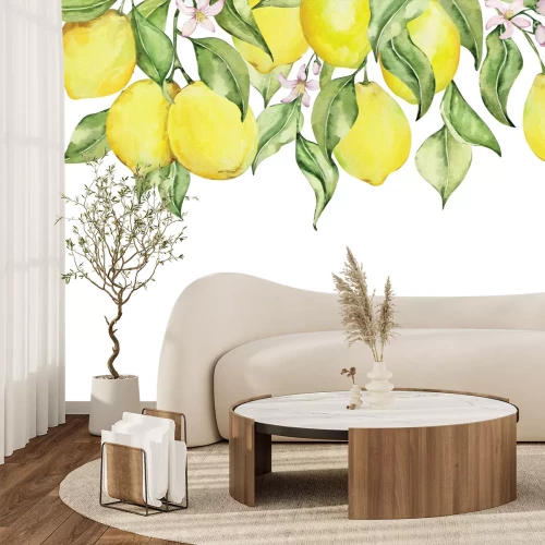 Fotobehang Aquarelcitroenen omringd door bladeren en bloemen