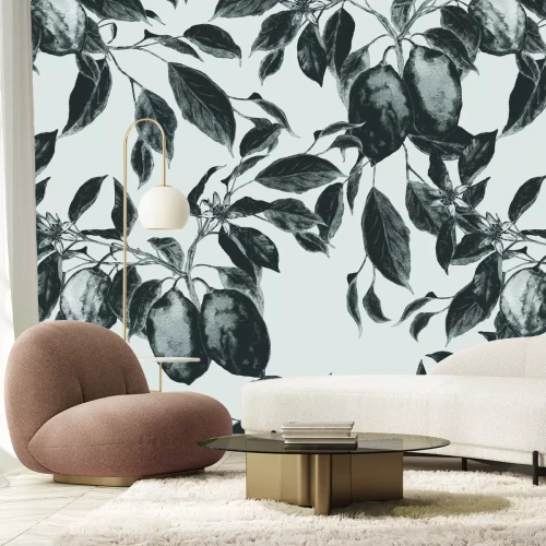 Fotobehang Monochrome illustratie van een fruitboom