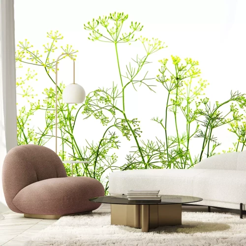 Fotobehang Een groene, wilde weide met weelderige vegetatie