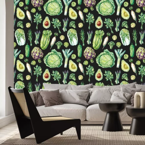 Fotobehang Een compositie van verse groenten op een donkere achtergrond