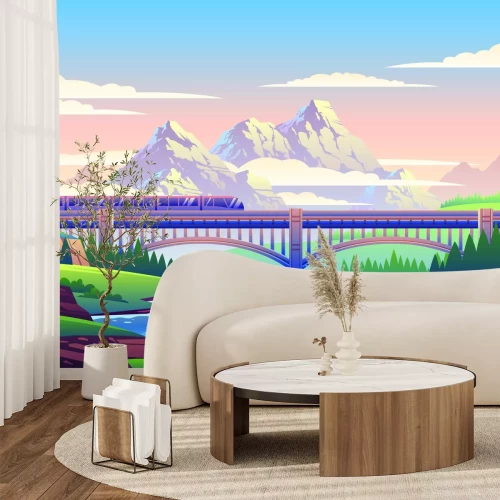 Fotobehang Een pittoreske trein die door bergketens glijdt