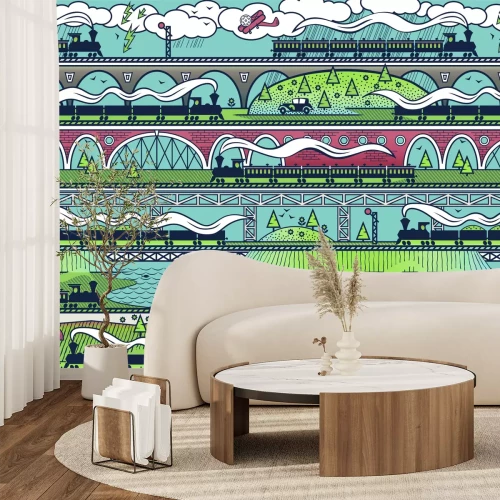 Fotobehang Een pittoresk treinstation met bruggen en weelderig groen