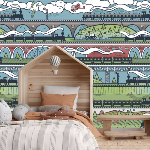 Fotobehang Een pittoresk treinstation met bruggen en weelderig groen