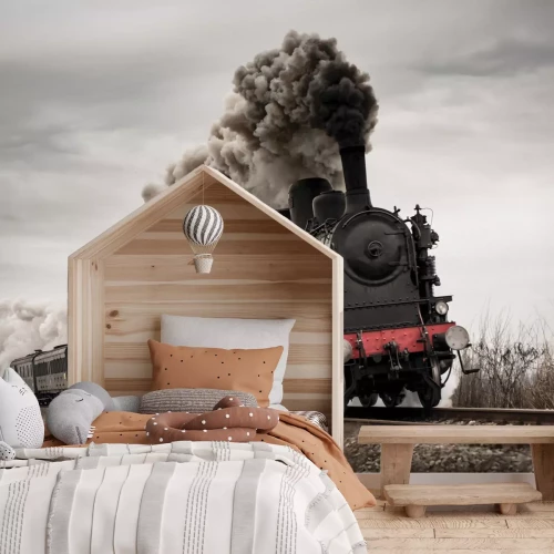 Fotobehang Een snelle stoomlocomotief met rook tegen de achtergrond van de sporen