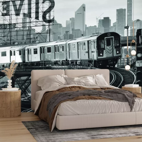 Fotobehang Een monochrome foto van een oude trein op de rails.