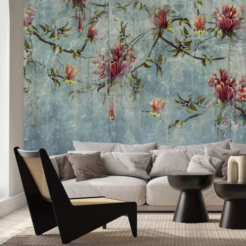 Fotobehang Rustieke achtergrond met boomtakken en bloemen