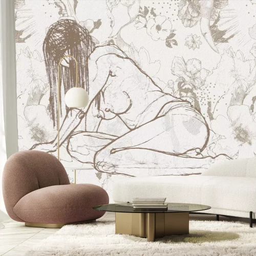 Fotobehang Een delicate tekening van een vrouw met een bloemenachtergrond