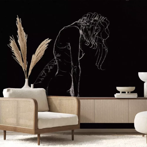 Fotobehang Een eenvoudige schets van een vrouw in een rechtopstaande houding op wit