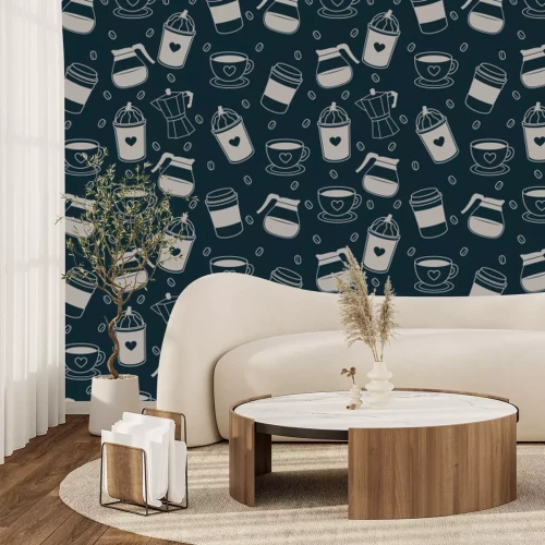 Fotobehang Koffiehuispatroon met koffiebonen en decoratieve kopjes
