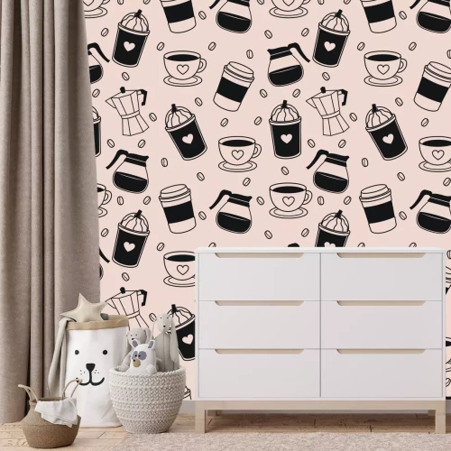 Fotobehang Koffiehuispatroon met koffiebonen en decoratieve kopjes