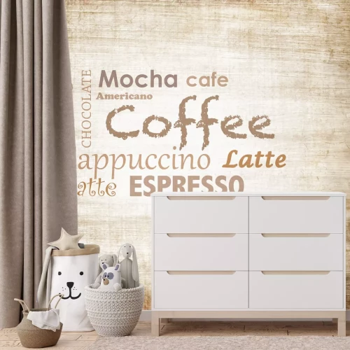 Fotobehang Koffiesoorten geschreven op hout